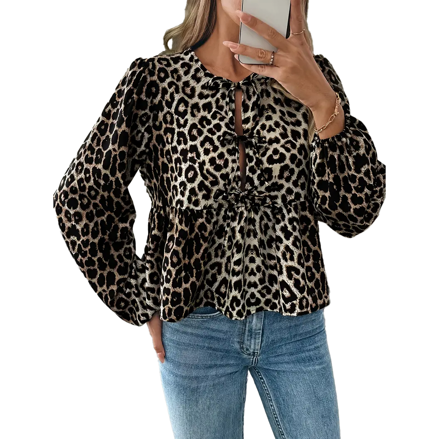Leopardia blúzka s dlhým rukávom a šnurovacím výstrihom
