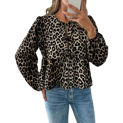 Leopardia blúzka s dlhým rukávom a šnurovacím výstrihom